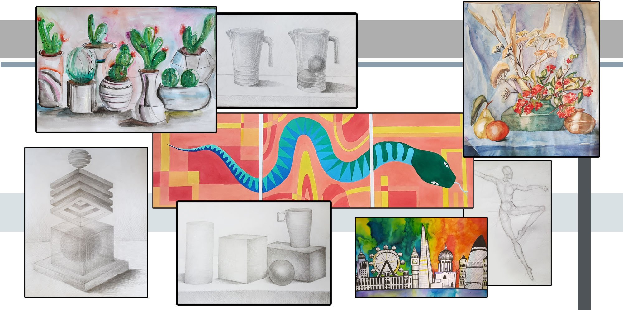 Collage of work produced by the art and academic drawing group. A watercolour drawing of cacti, a detailed pencil still life, a colourful abstract acrylic painting of a snake, another detailed still life depicting a floral vase and fruits.